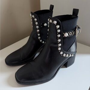 Zara Black Pearl-Trim Ankle Boots - Size 37